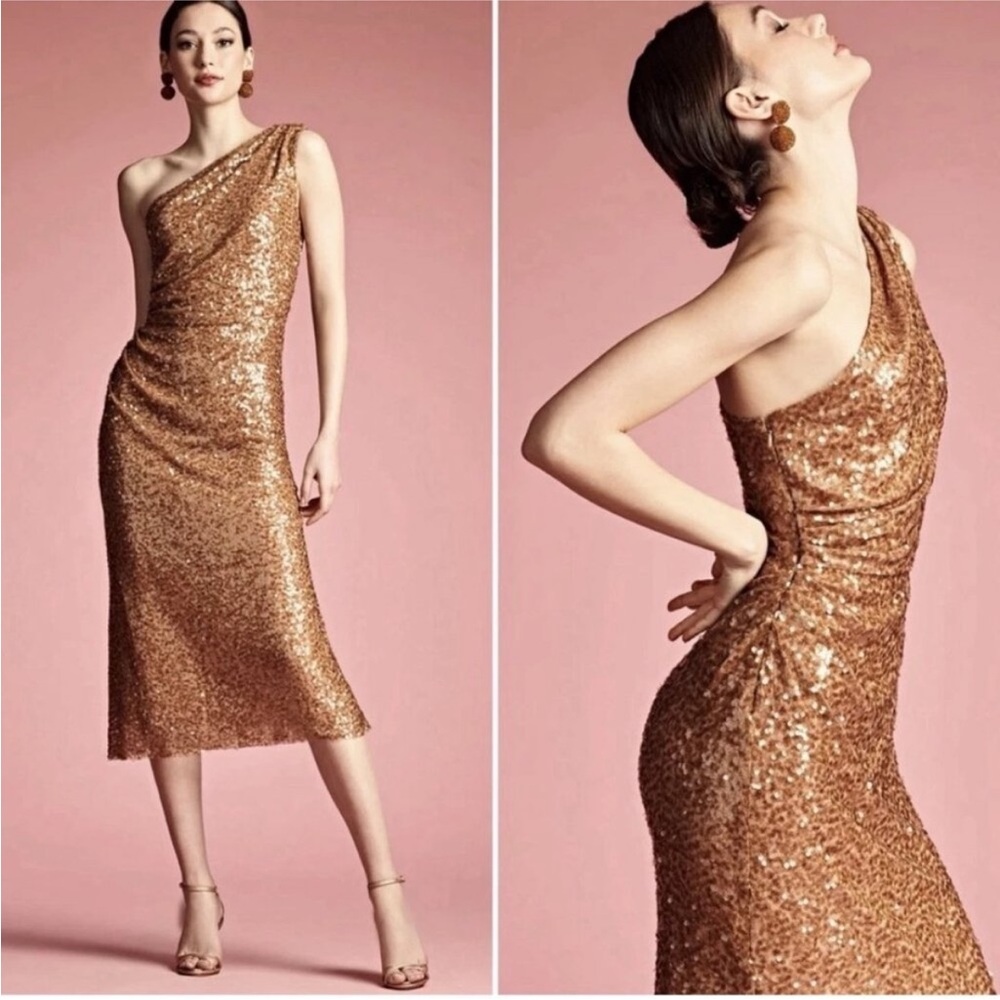 Sachin + Babi Sequin One Shoulder Carmen Dress in Honey Midi Size 6 NEW NWT